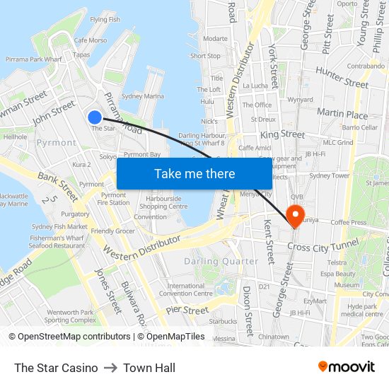 The Star Casino to Town Hall map