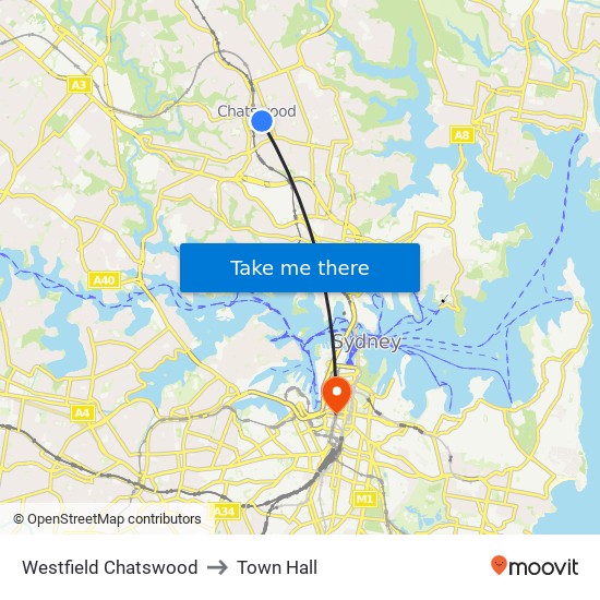 Westfield Chatswood to Town Hall map