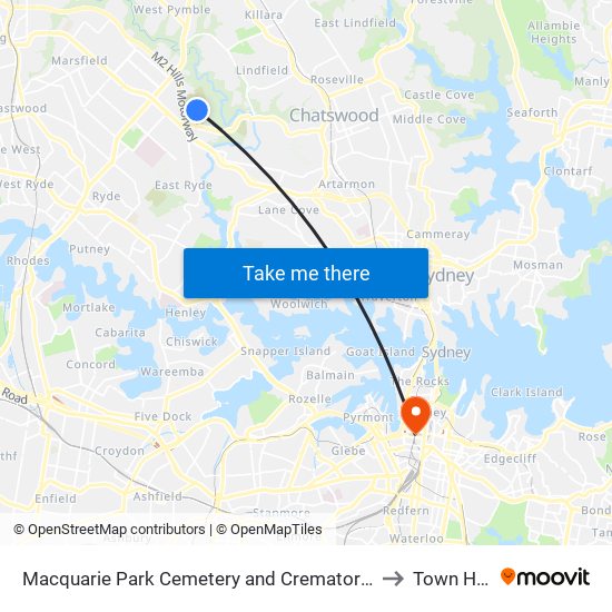 Macquarie Park Cemetery and Crematorium to Town Hall map