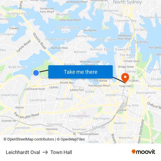 Leichhardt Oval to Town Hall map