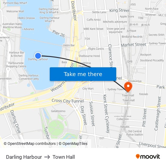 Darling Harbour to Town Hall map