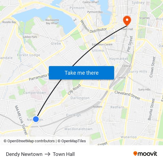 Dendy Newtown to Town Hall map