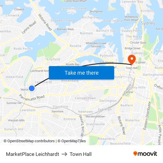 MarketPlace Leichhardt to Town Hall map