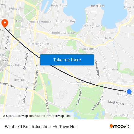 Westfield Bondi Junction to Town Hall map