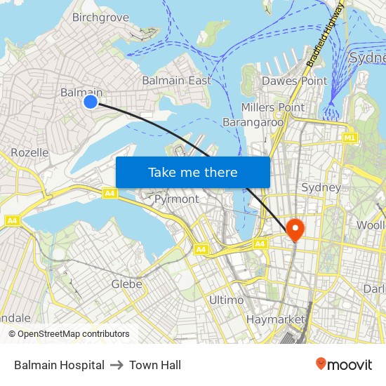 Balmain Hospital to Town Hall map