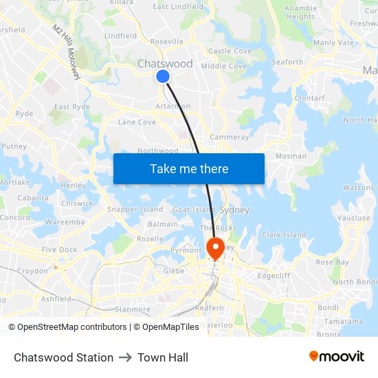 Chatswood Station to Town Hall map