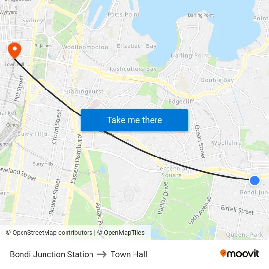 Bondi Junction Station to Town Hall map
