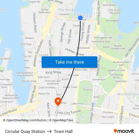 Circular Quay Station to Town Hall map