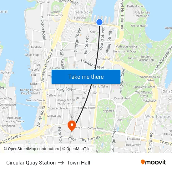 Circular Quay Station to Town Hall map