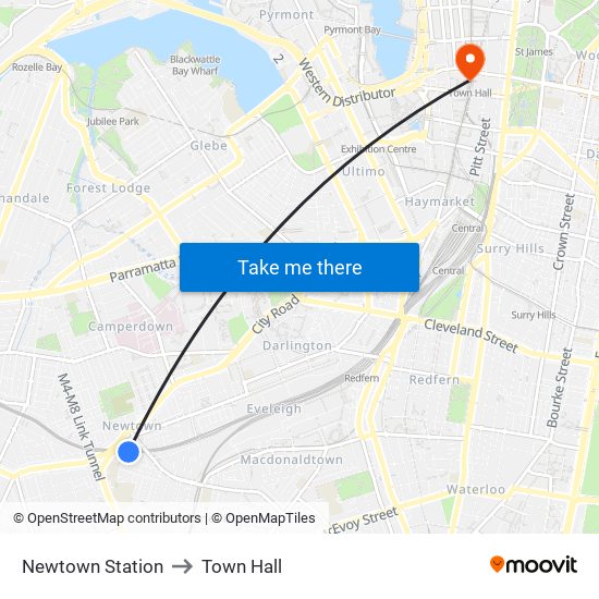 Newtown Station to Town Hall map