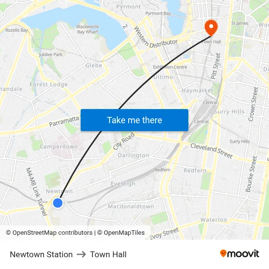 Newtown Station to Town Hall map