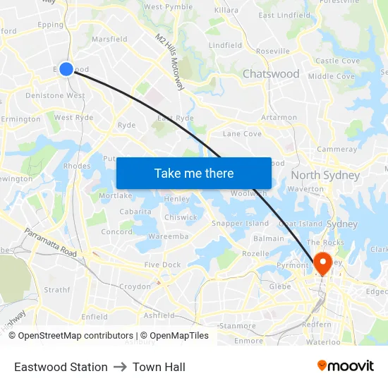 Eastwood Station to Town Hall map