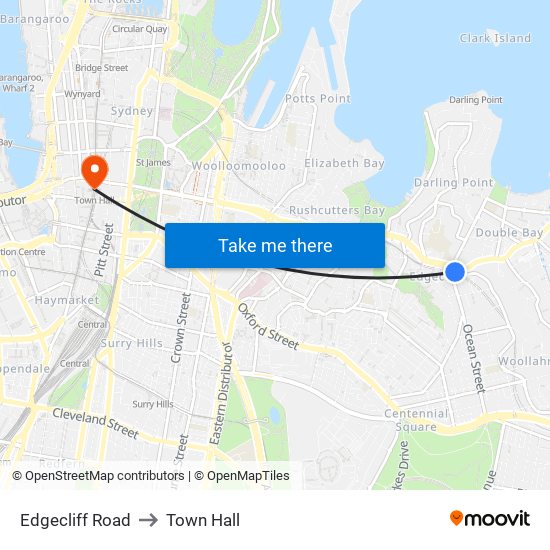 Edgecliff Road to Town Hall map