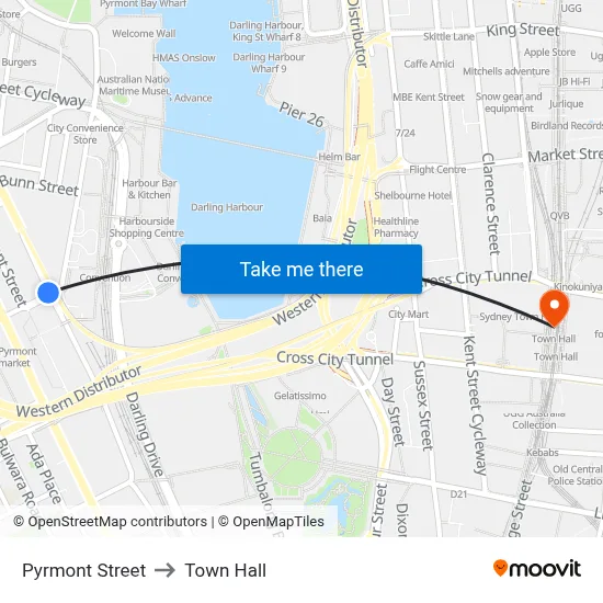 Pyrmont Street to Town Hall map