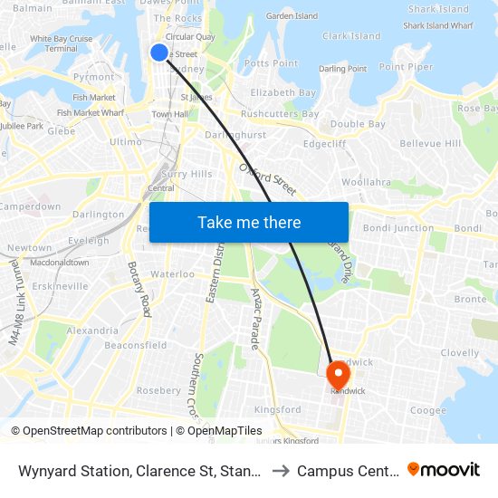 Wynyard Station, Clarence St, Stand R to Campus Centre map