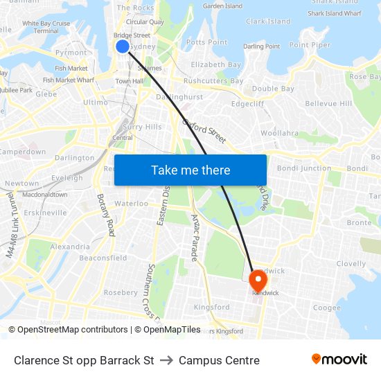 Clarence St opp Barrack St to Campus Centre map