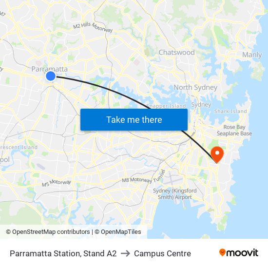 Parramatta Station, Stand A2 to Campus Centre map