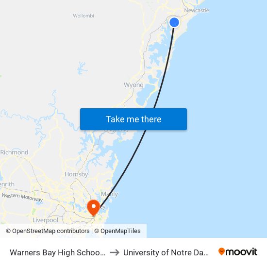 Warners Bay High School, Myles Ave to University of Notre Dame Australia map