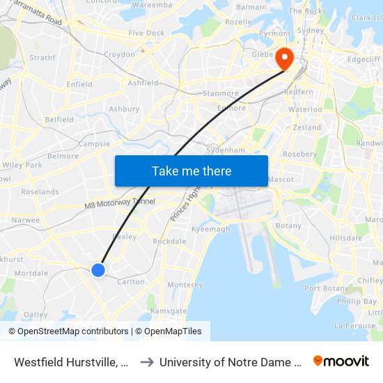 Westfield Hurstville, Park Rd to University of Notre Dame Australia map