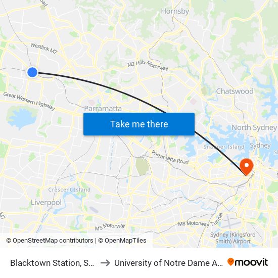 Blacktown Station, Stand G to University of Notre Dame Australia map