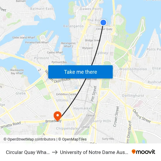 Circular Quay Wharf 5 to University of Notre Dame Australia map