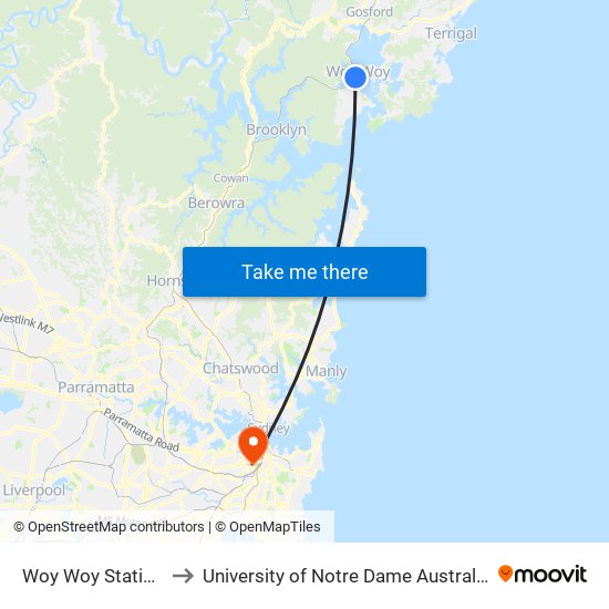 Woy Woy Station to University of Notre Dame Australia map
