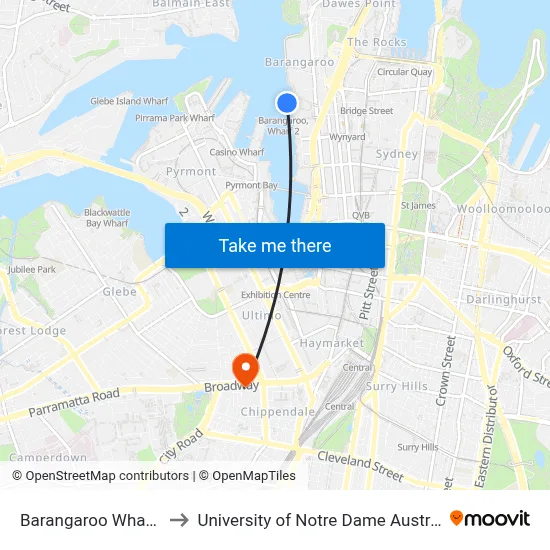 Barangaroo Wharf 1 to University of Notre Dame Australia map