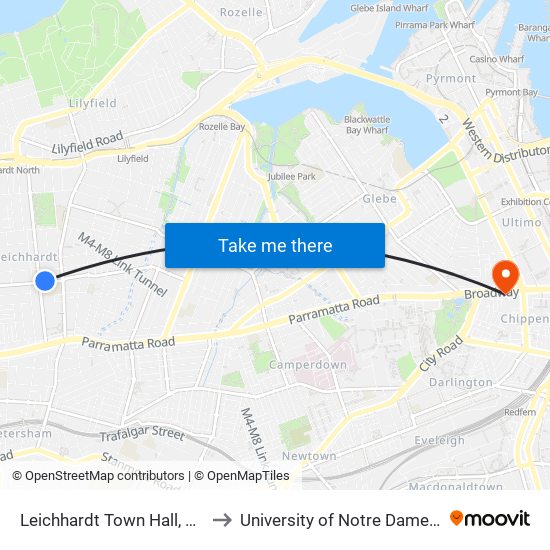 Leichhardt Town Hall, Marion St to University of Notre Dame Australia map