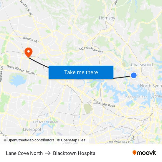 Lane Cove North to Blacktown Hospital map