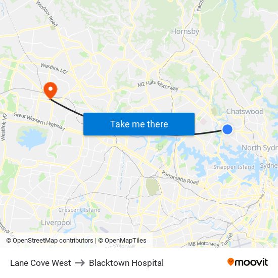 Lane Cove West to Blacktown Hospital map