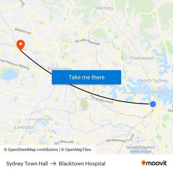 Sydney Town Hall to Blacktown Hospital map