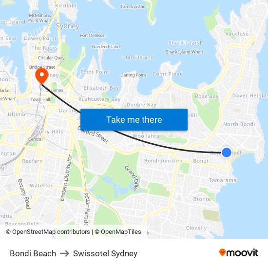 Bondi Beach to Swissotel Sydney map