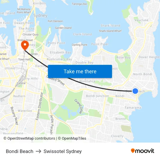 Bondi Beach to Swissotel Sydney map