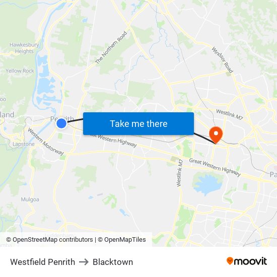 Westfield Penrith to Blacktown map
