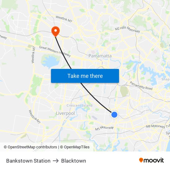Bankstown Station to Blacktown map