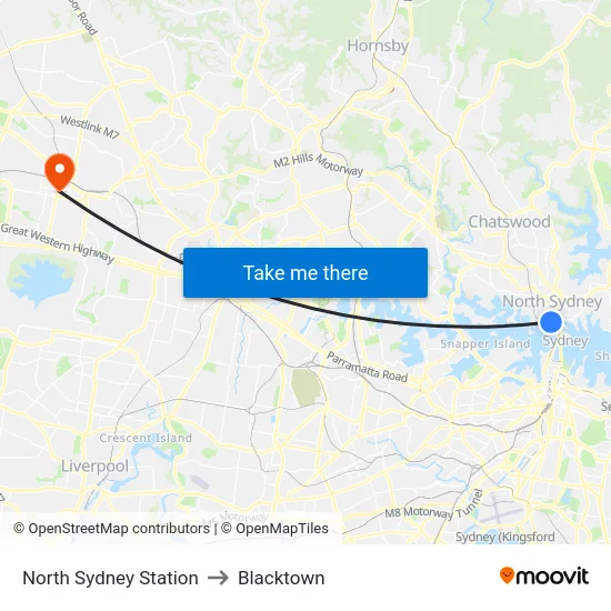 North Sydney Station to Blacktown map