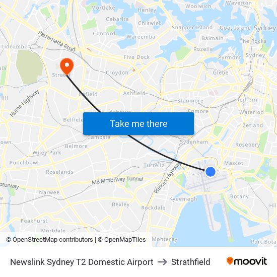 Newslink Sydney T2 Domestic Airport to Strathfield map