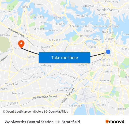 Woolworths Central Station to Strathfield map