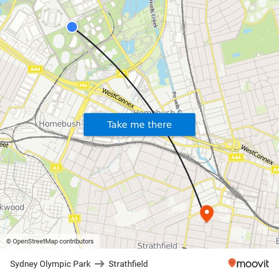 Sydney Olympic Park to Strathfield map