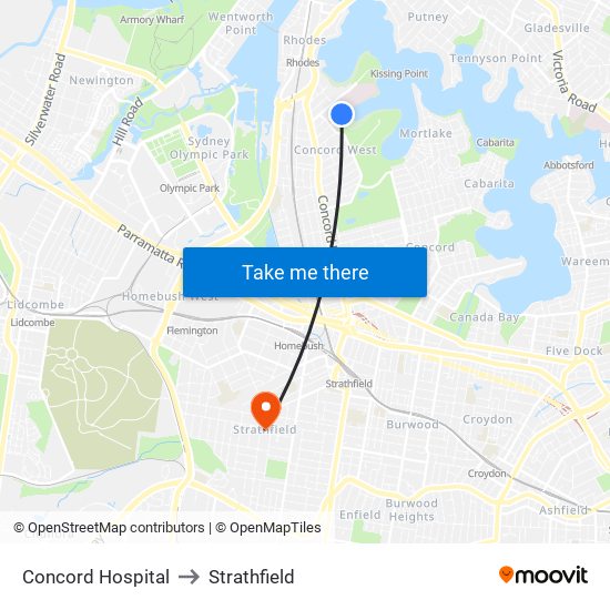 Concord Hospital to Strathfield map