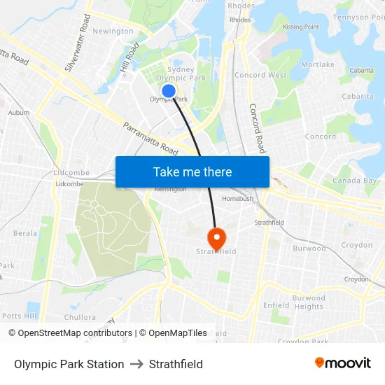 Olympic Park Station to Strathfield map