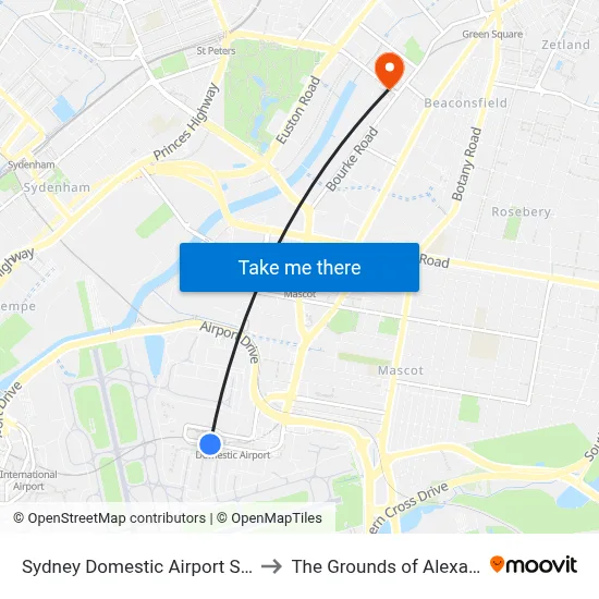 Sydney Domestic Airport Station to The Grounds of Alexandria map