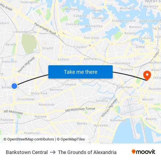 Bankstown Central to The Grounds of Alexandria map