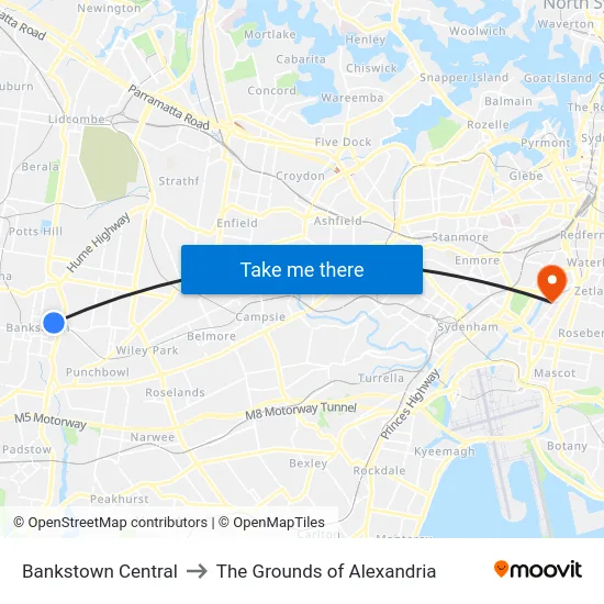 Bankstown Central to The Grounds of Alexandria map