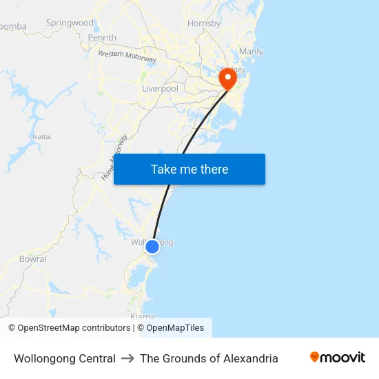 Wollongong Central to The Grounds of Alexandria map