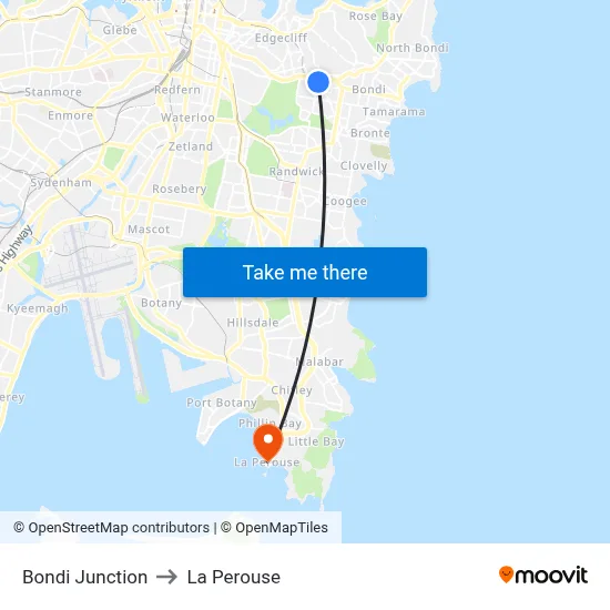 Bondi Junction to La Perouse map
