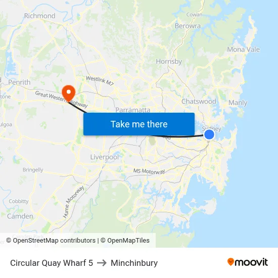 Circular Quay Wharf 5 to Minchinbury map