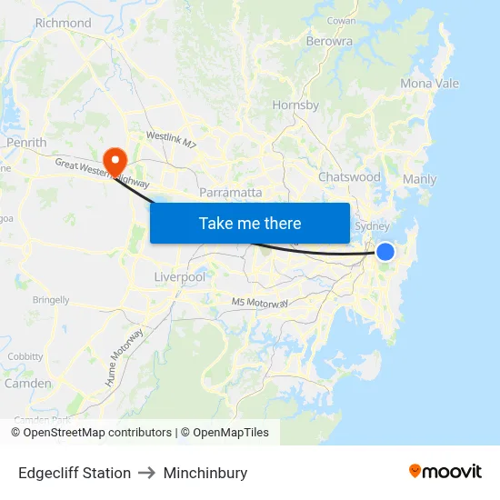 Edgecliff Station to Minchinbury map