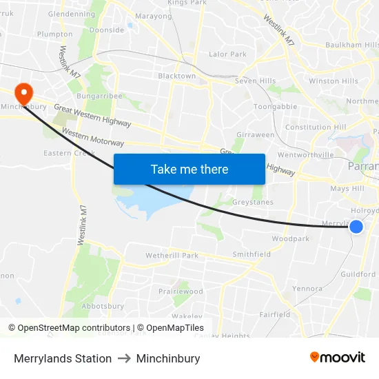 Merrylands Station to Minchinbury map