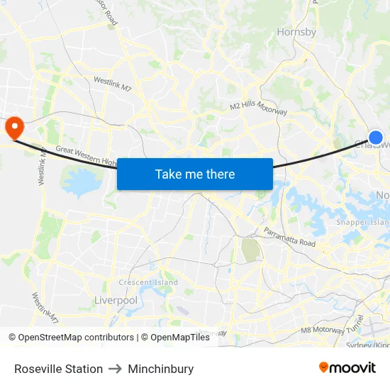 Roseville Station to Minchinbury map